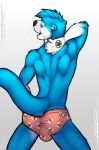  2018 5_fingers anthro biped black_nose blue_fur blue_tail briefs bulge butt claws clothed clothing digital_media_(artwork) fur gradient_background hi_res island_(character) looking_at_viewer looking_back male mammal multicolored_fur mustelid open_mouth otter pink_bottomwear pink_clothing pink_underwear pinup portrait pose rear_view signature simple_background solo standing tattoo three-quarter_portrait topless tsaiwolf two_tone_fur underwear webbed_hands whiskers white_claws white_fur yellow_eyes 