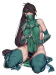  akali bare_shoulders breasts brown_eyes brown_hair covering_mouth elbow_gloves face_mask full_body gloves groin highres kumiko_shiba large_breasts league_of_legends long_hair looking_at_viewer mask ninja ninja_mask patreon_logo pelvic_curtain ponytail seiza sideboob simple_background sitting skirt skirt_lift sleeveless thighhighs thighs vambraces very_long_hair white_background 