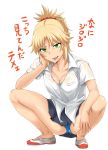  absurdres araki_jeccy blonde_hair blue_panties blue_skirt breasts cleavage collarbone commentary fate/apocrypha fate_(series) full_body green_eyes hair_ornament hair_scrunchie head_rest highres mordred_(fate) mordred_(fate)_(all) open_mouth panties pantyshot pantyshot_(squatting) pleated_skirt ponytail red_scrunchie scrunchie see-through shirt shoes short_sleeves simple_background skirt solo squatting translation_request underwear white_background white_shirt 