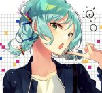  :o alternate_hairstyle aqua_hair bang_dream! bangs blue_jacket braid collarbone commentary_request green_eyes grid_background hair_ornament hairpin hikawa_hina jacket long_sleeves looking_at_viewer open_mouth pointing pointing_at_self shi_noyuki short_hair solo star twin_braids twitter_username upper_body 