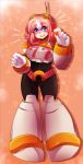  1girl android belt blue_eyes blush bodysuit breasts capcom chocoriina eyebrows_visible_through_hair full_body gloves headset large_breasts multicolored_hair nana_(rockman) number open_mouth pink_hair rockman rockman_x rockman_x_command_mission short_hair smile solo standing teeth two-tone_hair white_gloves white_hair 