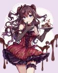  :3 ahoge bad_id bad_pixiv_id bare_shoulders blue_eyes blush bow brown_hair cake chocolate chocolate_cake chocolate_on_fingers cowboy_shot cross-laced_clothes dress earrings elbow_gloves eyebrows_visible_through_hair food gloves hair_bow highres holding holding_plate ichinose_shiki idolmaster idolmaster_cinderella_girls jewelry leg_garter long_hair looking_at_viewer plate red_dress red_ribbon ribbon simple_background sleeveless sleeveless_dress solo tamaext thumb_to_mouth two_side_up wavy_hair 