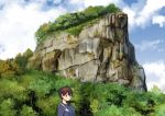  alternate_costume backpack bag blue_sky blue_sweater brown_eyes brown_hair cloud cloudy_sky commentary_request day forest highres kaga_(kantai_collection) kantai_collection long_sleeves looking_at_viewer masukuza_j mountain nature outdoors ribbed_sweater short_hair sky solo sweater 