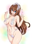  :d blue_eyes blush breasts brown_hair collarbone fujisaki_yua hair_ribbon hands_up highres kiyama_satoshi large_breasts long_hair navel open_mouth ribbon see-through simple_background slingshot_swimsuit smile solo swimsuit virtual_youtuber white_swimsuit yua_(youtube) 