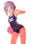  :d bangs bare_arms bare_shoulders blue_swimsuit blush breasts brown_eyes collarbone commentary_request eyebrows_visible_through_hair finger_to_mouth hair_flaps idolmaster idolmaster_cinderella_girls koshimizu_sachiko leaning_forward momoda_yasuhito name_tag old_school_swimsuit one-piece_swimsuit open_mouth outline purple_hair school_swimsuit short_hair sidelocks small_breasts smile solo swimsuit white_background yellow_outline 