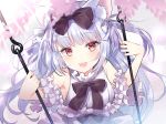  :d animal_ears azur_lane bare_shoulders black_bow blurry blurry_foreground bow breasts cat_ears center_frills commentary_request depth_of_field dress fang frills hair_bow highres holding long_hair looking_at_viewer medium_breasts myusha off-shoulder_dress off_shoulder open_mouth red_eyes silver_hair smile solo two_side_up very_long_hair white_bow white_dress yukikaze_(azur_lane) 