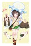  bag black_hair bow brown_skirt clothes_hanger flower gen_7_pokemon green_shorts handbag hat hat_flower highres mizuki_(pokemon) nihilego open_mouth pokemon pokemon_(creature) pokemon_(game) pokemon_sm shirt shoes short_hair short_sleeves shorts skirt socks tied_shirt ultra_beast white_bow white_hat zuizi 