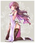  black_legwear breasts brown_hair china_dress chinese_clothes commentary dress finger_to_mouth full_body hand_on_own_thigh high_heels highres iesupa kneeling long_hair medium_breasts multicolored_hair neo_(rwby) pelvic_curtain pink_eyes pink_hair rwby side_slit solo thighhighs two-tone_hair white_dress wristband 