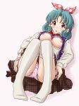  :o bangs blue_sweater blush bow bowtie bra bra_lift breasts brown_eyes brown_skirt commentary_request crotch_seam dress_shirt eyebrows_visible_through_hair green_hair hair_ribbon idolmaster idolmaster_million_live! lace lace-trimmed_panties lielos long_sleeves looking_at_viewer lying medium_breasts medium_hair miniskirt nipples on_back open_clothes open_shirt panties panty_pull parted_lips pink_panties pink_ribbon plaid plaid_panties plaid_skirt pleated_skirt polka_dot_ribbon pulled_by_self red_neckwear ribbon shirt simple_background skirt solo sweater sweater_vest thighhighs tokugawa_matsuri underwear white_background white_legwear white_shirt wing_collar 