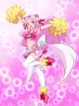  ass bangs bare_shoulders blush bow bubble clover clover_earrings cure_yell double_bun flower forehead_jewel four-leaf_clover full_body gabayo hair_flower hair_ornament hair_ribbon heart hugtto!_precure long_hair looking_at_viewer magical_girl midriff miniskirt navel nono_hana off-shoulder_shirt open_mouth outstretched_arms pink_background pink_eyes pink_footwear pink_hair pink_shirt pink_skirt pom_poms precure red_bow red_ribbon ribbon see-through shirt shoe_bow shoes skirt smile solo sparkle standing standing_on_one_leg thighhighs very_long_hair white_bow white_legwear 