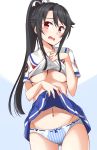  absurdres ass_visible_through_thighs bangs black_hair blue_background blue_ribbon blue_skirt blush bow bow_panties breasts commentary_request eyebrows_visible_through_hair hair_between_eyes hair_flaps hair_ribbon head_tilt high_ponytail high_school_fleet highres kapatarou lifted_by_self long_hair medium_breasts munetani_mashiro navel no_bra open_mouth panties pleated_skirt ponytail red_eyes ribbon ribbon-trimmed_panties school_uniform serafuku shirt shirt_lift short_sleeves sidelocks skirt skirt_lift solo striped two-tone_background underboob underwear vertical-striped_panties vertical_stripes very_long_hair white_background white_ribbon white_shirt yokosuka_girls_marine_high_school_uniform 