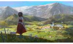  apron artist_name bird black_hair blue_sky building castle child commentary day dress fence from_behind goat grass hill krenz landscape mountain original outdoors red_dress scenery short_hair short_sleeves sky solo standing steeple village waist_apron white_apron 