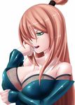  bare_shoulders breasts brown_hair cleavage fishnets gamma_ray_burst green_eyes hair_over_one_eye large_breasts licking_lips long_hair naruto_(series) naruto_shippuuden shiny solo terumi_mei tongue tongue_out 