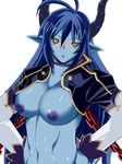  asmodeus_(shinrabanshou) bad_anatomy bad_id bad_pixiv_id blue_hair blue_skin breasts chain demon_girl hands_on_hips horns kojou large_breasts long_hair nipples pointy_ears shinrabanshou solo yellow_eyes 