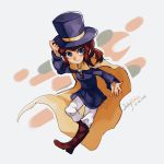  1girl a_hat_in_time blue_eyes boots brown_hair cape hat hat_kid long_hair ponytail saltyfishie top_hat 