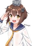  brown_eyes brown_hair dress headgear hoshino_kagari kantai_collection neckerchief open_mouth sailor_dress salute short_hair simple_background smile solo speaking_tube_headset twitter_username upper_body upper_teeth white_background yellow_neckwear yukikaze_(kantai_collection) 