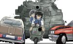  andou_(girls_und_panzer) bc_freedom_(emblem) bc_freedom_school_uniform black_eyes black_hair blonde_hair blue_eyes car chasing commentary_request crushing dark_skin emblem girls_und_panzer ground_vehicle highres military military_vehicle miraruto_(h3yja) motor_vehicle multiple_girls oshida_(girls_und_panzer) scooter tank vespa vespa_150_tap white_background 