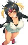  bare_legs black_hair blonde_hair blush boots breasts cleavage commentary_request covered_nipples eyebrows_visible_through_hair from_above gloves groin headphones hood hood_down hoodie kemono_friends large_breasts legs_apart multicolored_hair one_eye_closed parted_lips pekoneko pink_footwear red_eyes red_hair rockhopper_penguin_(kemono_friends) short_hair simple_background solo standing tail white_background 
