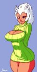  animal_humanoid big_breasts blue_eyes bottomless breasts caprine cleavage clothed clothing female freckles grin hair hands_behind_back humanoid keyhole_turtleneck lips looking_at_viewer mammal sheep shephira_(cert) short_hair smile solo svenners sweater turtleneck white_hair wide_hips 