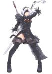  1girl android black_clothes black_gloves black_legwear black_skirt breasts feather-trimmed_sleeves juliet_sleeves katana medium_breasts nier_(series) nier_automata puffy_sleeves short_hair silver_hair sitting solo sword thigh_boots thighhighs thighhighs_under_boots weapon weapons yorha_no._2_type_b 