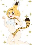  :d adapted_costume animal_ears bangs bare_arms bare_legs bare_shoulders barefoot bikini blonde_hair bow bowtie breasts commentary eyebrows eyelashes facing_away fingernails full_body gotounoriji hair_between_eyes hands_up highres kemono_friends kneeling looking_at_viewer medium_breasts midriff multicolored_bow multicolored_neckwear navel open_mouth paw_pose serval_(kemono_friends) serval_ears serval_print serval_tail short_hair smile solo sparkle stomach striped_tail swimsuit tail tail_raised tareme teeth tongue white_background white_bow white_neckwear yellow_background yellow_bow yellow_eyes yellow_neckwear 