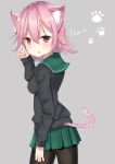  animal_ears black_legwear blush cat_ears cat_tail green_sailor_collar green_skirt grey_background hair_between_eyes highres kantai_collection kemonomimi_mode long_sleeves looking_at_viewer noeru_(gt17854) open_mouth pantyhose paw_print pink_hair pleated_skirt red_eyes sailor_collar short_hair simple_background skirt solo tail tama_(kantai_collection) 