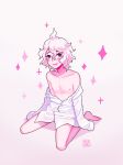  ahoge artist_logo artist_name bangs blue_eyes blush chest commentary danganronpa full_body gradient gradient_background hair_between_eyes highres kneeling komaeda_nagito long_sleeves looking_at_viewer male_focus nipples nose_blush open_mouth pink pink_background shari_cote shirt shirt_down simple_background sleeves_past_wrists solo sparkle super_danganronpa_2 wavy_mouth white_background white_hair white_shirt 