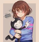  1other bendy bendy_and_the_ink_machine blush caramell0501 closed_eyes crossover frisk_(undertale) hug shirt short_hair smile striped striped_shirt undertale 