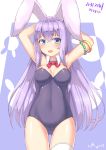  animal_ears armpits arms_behind_head arms_up ass_visible_through_thighs blue_eyes blush breasts bunny_ears bunnysuit cameltoe commentary_request detached_collar erina_(rabi-ribi) eyebrows_visible_through_hair hair_between_eyes highres kemo_(pokka) leotard long_hair looking_at_viewer medium_breasts open_mouth purple_hair rabi-ribi simple_background single_thighhigh solo strapless strapless_leotard tears thigh_gap thighhighs very_long_hair white_legwear 