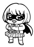  bangs belt belt_pouch bkub boots cape clenched_hand clenched_teeth face_mask fist_in_hand full_body gloves greyscale hit-girl kick-ass mask monochrome open_mouth pouch short_hair simple_background skirt solo superhero teeth white_background 