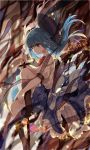  abstract_background artist_name bangs blue_hair boots bow cross-laced_footwear dated dress expressionless eyebrows_visible_through_hair food fruit hair_between_eyes hair_blowing hand_on_hilt hat hat_removed headwear_removed highres hinanawi_tenshi knee_boots knee_up layered_dress leaf leg_hug ling_mou long_hair looking_down looking_to_the_side peach petticoat puffy_short_sleeves puffy_sleeves red_bow red_eyes red_neckwear short_sleeves solo sword touhou weapon wind 