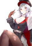  arm_at_side arm_up azur_lane black_legwear breasts brown_gloves cleavage commentary fur_trim gloves graf_zeppelin_(azur_lane) hair_between_eyes hat highres iron_cross large_breasts long_hair looking_at_viewer military military_uniform pantyhose peaked_cap red_eyes silver_hair sitting solo uniform white_background youkan_(mattya_youkan) 