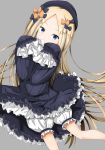  abigail_williams_(fate/grand_order) bangs black_bow black_dress black_hat blonde_hair bloomers blue_eyes bow commentary_request covered_mouth dress eyebrows_visible_through_hair fate/grand_order fate_(series) forehead grey_background hair_bow hands_up hat highres long_hair long_sleeves luluhavinera orange_bow parted_bangs simple_background sleeves_past_fingers sleeves_past_wrists solo underwear v-shaped_eyebrows very_long_hair white_bloomers 