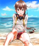  blush breasts brown_eyes brown_hair cloud cloudy_sky commentary_request covered_navel day eyebrows_visible_through_hair fumizuki_(kantai_collection) hair_between_eyes highres kantai_collection lace lace-trimmed_panties long_hair long_sleeves looking_at_viewer neckerchief no_bra ocean open_mouth panties ponytail red_panties remodel_(kantai_collection) school_uniform see-through serafuku shirt sidelocks sitting sky small_breasts solo tama_(seiga46239239) underwear wet wet_clothes wet_hair wet_panties wet_shirt 
