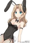  animal_ears blonde_hair blue_eyes blush breasts bunny_ears bunnysuit commentary fishnet_legwear fishnet_pantyhose fishnets flipper girls_und_panzer groin kay_(girls_und_panzer) large_breasts looking_at_viewer navel pantyhose simple_background smile solo white_background 