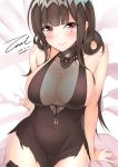  ahoge alternate_costume arm_support armlet bangs black_dress blunt_bangs blush breasts brown_hair casual choker cleavage closed_mouth covered_navel dated dress dsr-50_(girls_frontline) eyebrows_visible_through_hair girls_frontline hair_ornament hair_over_shoulder jewelry large_breasts leaning_back long_hair looking_at_viewer necklace no_bra pendant red_eyes ruby_(stone) sideboob sidelocks signature sitting skindentation smile solo thighs torn_clothes torn_dress twitter_username unel very_long_hair 