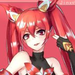  1girl alternate_costume alternate_hair_color alternate_hairstyle bare_shoulders black_gloves elbow_gloves fingerless_gloves gloves hair_ornament jinx_(league_of_legends) league_of_legends lipstick long_hair magical_girl red_bow red_eyes red_hair red_lips solo star_guardian_jinx tied_hair twintails very_long_hair 