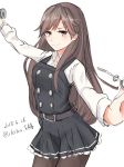  arashio_(kantai_collection) belt black_legwear brown_eyes brown_hair celestea_tera cowboy_shot crime_prevention_buzzer dated dress eyebrows_visible_through_hair frilled_dress frills highres kantai_collection light_blush long_hair long_sleeves looking_at_viewer outstretched_arms pantyhose pinafore_dress remodel_(kantai_collection) school_uniform simple_background smile solo standing twitter_username white_background 