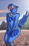 2016 anthro avian beach beak bird blu_(rio) blue_feathers blue_macaw blush clothed clothing cloud covering covering_crotch crest drako1997 feathers hi_res macaw male midriff navel outside parrot real rio seaside skimpy sky solo standing tail_feathers tree 