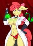  2014 2018 abs amber_eyes anthro anthrofied apple_bloom_(mlp) armor beaker big_breasts bow breasts bubble cleavage clothed clothing digital_media_(artwork) earth_pony equine eyewear female friendship_is_magic gloves goggles hair hair_bow hair_ribbon hi_res horse jrvanesbroek lab_coat looking_at_viewer mammal my_little_pony navel panties pony red_hair ribbons skimpy smile solo standing tentacles thong underwear wood 