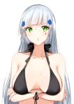  absurdres alternate_costume bangs bikini black_bikini blunt_bangs blush breasts collarbone commentary crossed_arms eyebrows_visible_through_hair facepaint front-tie_bikini front-tie_top girls_frontline green_eyes hair_ornament highres hk416_(girls_frontline) long_hair looking_at_viewer medium_breasts parted_lips sidelocks silver_hair simple_background solo swimsuit teardrop very_long_hair white_background wo_cai_bushi_zhushou 