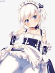  apron azur_lane bangs belchan_(azur_lane) belfast_(azur_lane) blue_bow blue_dress blue_eyes blush bow breasts collarbone cowboy_shot dress elbow_gloves eyebrows_visible_through_hair frilled_gloves frilled_skirt frills gloves grin lifted_by_self looking_at_viewer maid maid_apron maid_headdress one_side_up panties panties_under_pantyhose pantyhose ribbon simple_background skirt skirt_lift sleeveless small_breasts smile solo standing takashiru twitter_username underwear v-shaped_eyebrows waist_apron white_background white_gloves white_hair white_legwear white_panties younger 