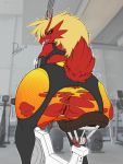  anthro bicycle big_butt blaziken butt clothing donkles exercise_clothing female freckles garter_belt_leggings gym looking_back nintendo open_mouth pok&eacute;mon pok&eacute;mon_(species) pubes pussy smile solo thick_thighs tight_clothing torn_clothing video_games 