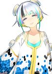  aqua_hair black_hair blonde_hair blue_eyes closed_mouth collarbone commentary_request dots freckles highres lips long_sleeves looking_at_viewer mole mole_under_mouth multicolored_hair original short_hair silver_hair smile solo upper_body virtual_youtuber wide_sleeves yae_(mono110) 