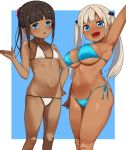  :d arm_at_side arm_up armpits bangs bikini black_hair blue_bikini blue_eyes blunt_bangs breasts commentary_request dark_skin fang flat_chest hai_ookami hair_bobbles hair_ornament hand_on_hip hand_up highres large_breasts light_brown_hair long_hair looking_at_viewer multiple_girls navel open_mouth original outside_border ponytail side-tie_bikini simple_background smile strap_gap string_bikini swimsuit twintails white_bikini 