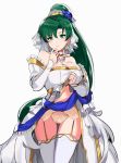  blue_sash blush breasts cleavage detached_sleeves dress earrings eyebrows_visible_through_hair fire_emblem fire_emblem:_rekka_no_ken fire_emblem_heroes garter_straps green_eyes green_hair hair_ornament hairband hand_on_own_chin highres jewelry lyndis_(fire_emblem) ormille panties ponytail simple_background skirt skirt_lift underwear wedding_dress white_legwear 