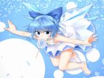  1girl alternate_costume bangs bare_arms bare_legs bare_shoulders barefoot blue_bow blue_eyes blue_hair bow candy cirno commentary_request downblouse dress eyebrows_visible_through_hair eyes_visible_through_hair feet_up floating food full_body hair_bow highres ice ice_wings leaning_forward lollipop looking_at_viewer m9kndi mouth_hold nail_polish outstretched_arms short_hair sleeveless sleeveless_dress solo spread_arms toes touhou wings 