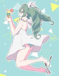 anchovy artist_name ass casual commentary dress drill_hair eyebrows_visible_through_hair food from_side girls_und_panzer green_background green_hair green_panties hair_ribbon holding holding_food ice_cream_cone jumping long_hair open_mouth panties red_eyes ribbon sandals short_dress signature solo sundress tam_a_mat triangle twin_drills twintails underwear white_dress white_footwear white_ribbon 