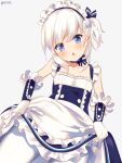  :o apron azur_lane bangs belchan_(azur_lane) belfast_(azur_lane) blue_bow blue_dress blue_eyes blush bow breasts collarbone cowboy_shot dress elbow_gloves eyebrows_visible_through_hair frilled_gloves frilled_skirt frills gloves looking_at_viewer maid maid_apron maid_headdress one_side_up open_mouth pantyhose ribbon simple_background skirt skirt_hold sleeveless small_breasts solo standing takashiru twitter_username v-shaped_eyebrows waist_apron white_background white_gloves white_hair white_legwear younger 