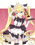  :d andrea_doria_(zhan_jian_shao_nyu) animal_ears apron arm_up bangs black_bow black_skirt blonde_hair blue_eyes blush bow breasts cat_ears collared_shirt commentary_request cup frilled_apron frills hair_between_eyes head_tilt heart holding holding_tray jiucheng_nainai long_hair maid maid_headdress open_mouth puffy_short_sleeves puffy_sleeves ringlets shirt short_sleeves sidelocks skirt small_breasts smile solo teacup thick_eyebrows tray twintails v v-shaped_eyebrows very_long_hair waist_apron white_apron white_shirt wrist_cuffs zhan_jian_shao_nyu 